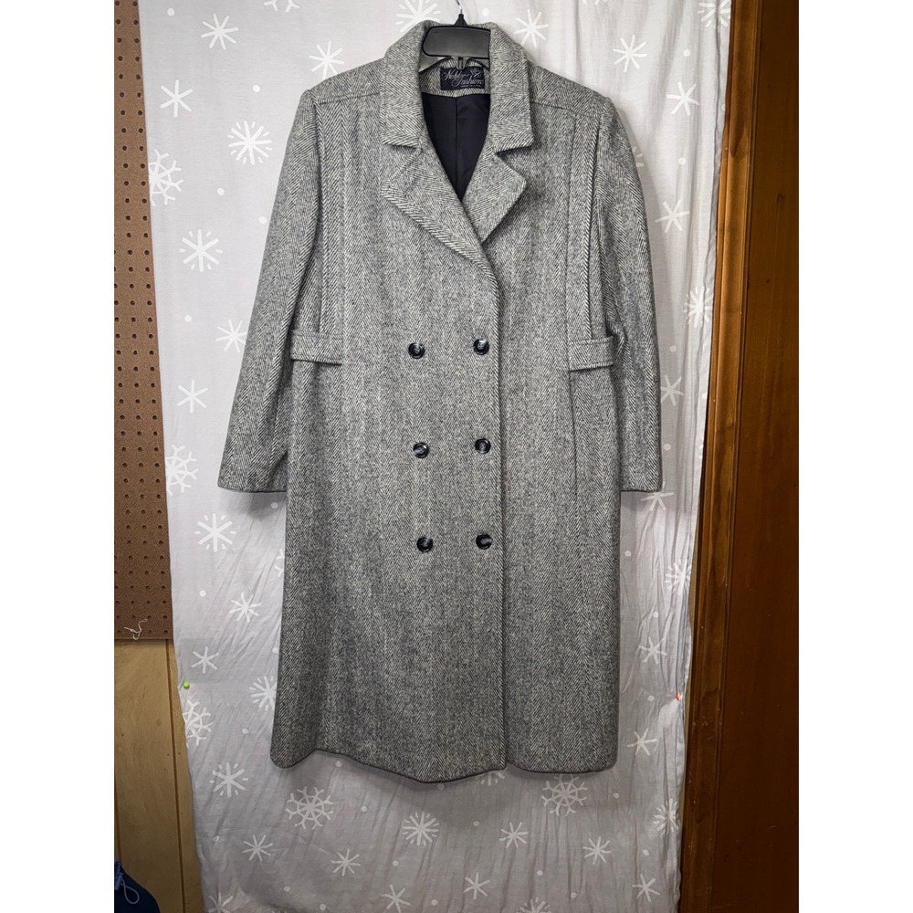 Noble Fashions Vintage Grey Herringbone Wool Blend Double Breasted Overcoat Coat
